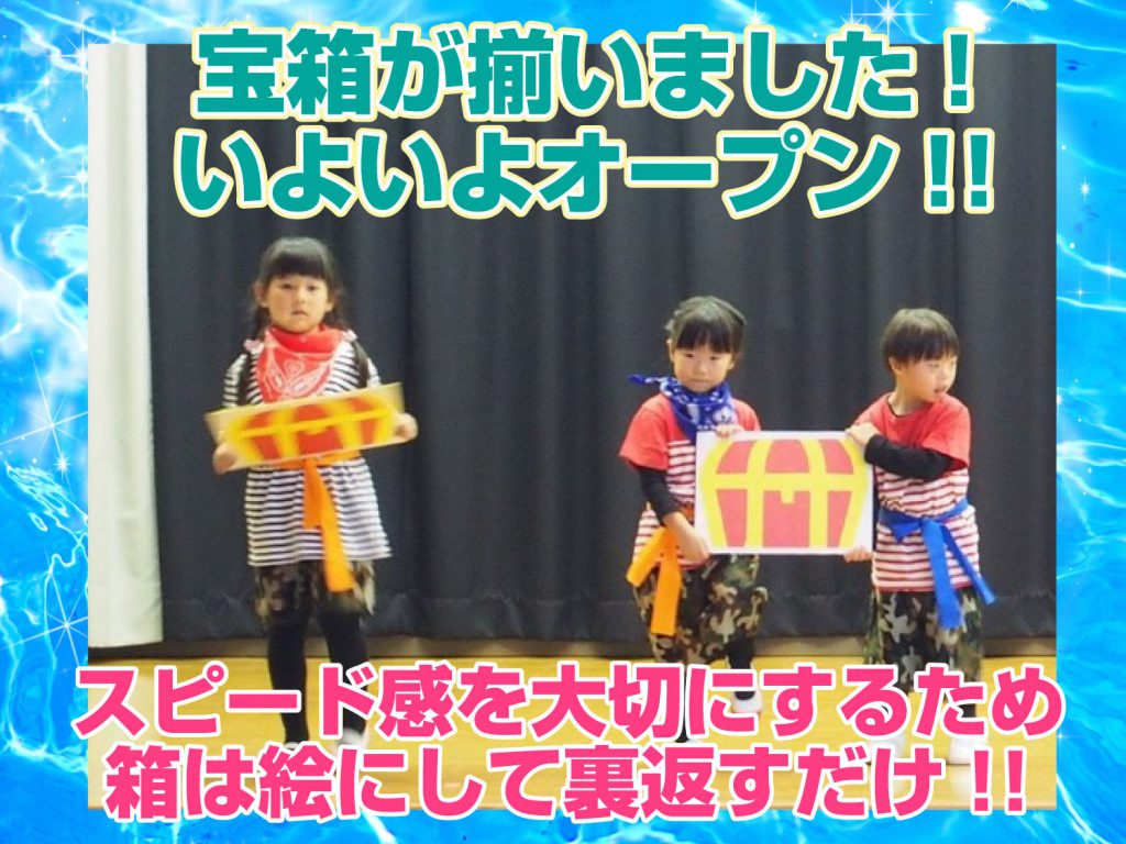 こども達が劇で宝箱をオープンする場面の写真