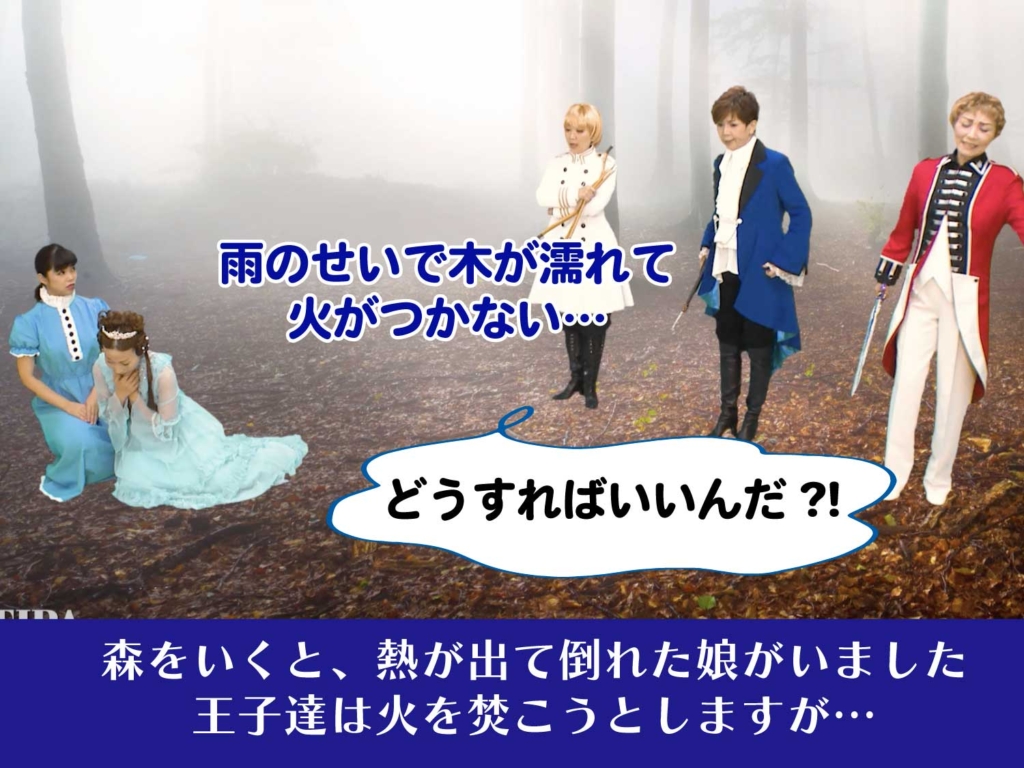 森の中で倒れている娘と３人の王子の写真