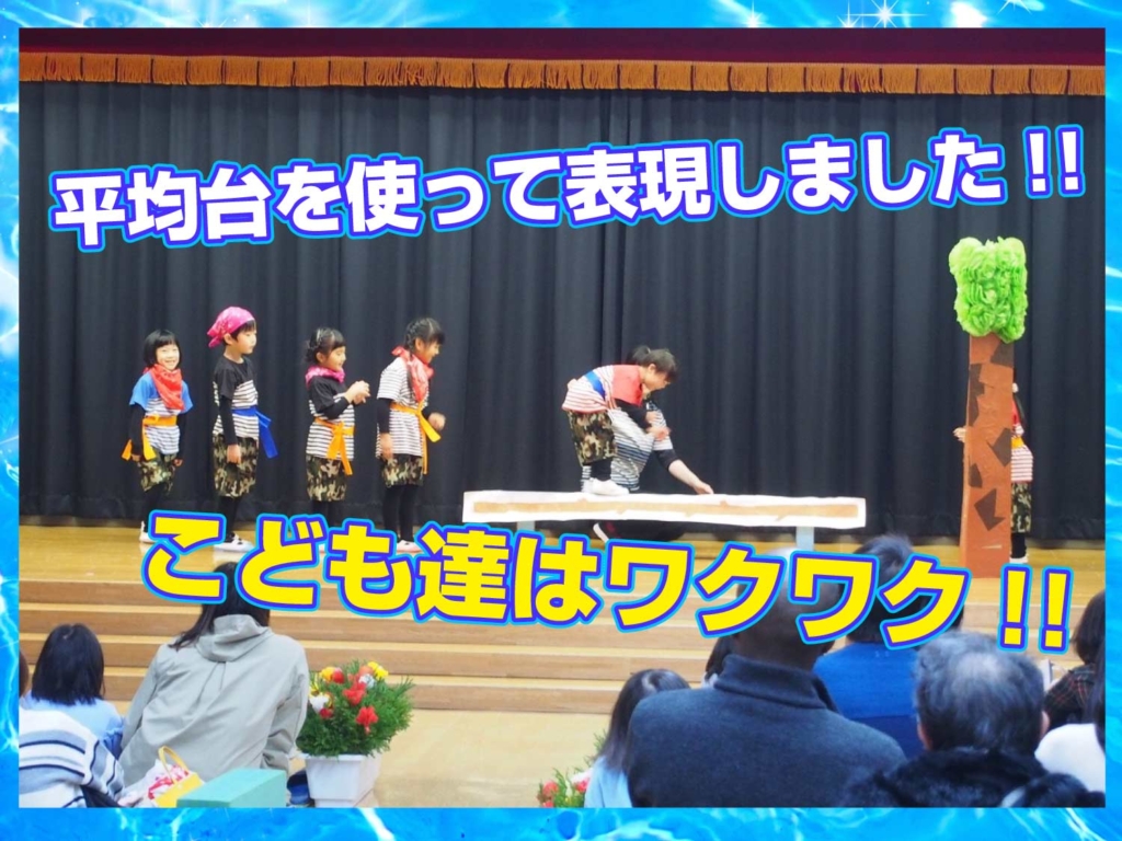 こども達が劇中で平均台を木に見立てて渡っている写真
