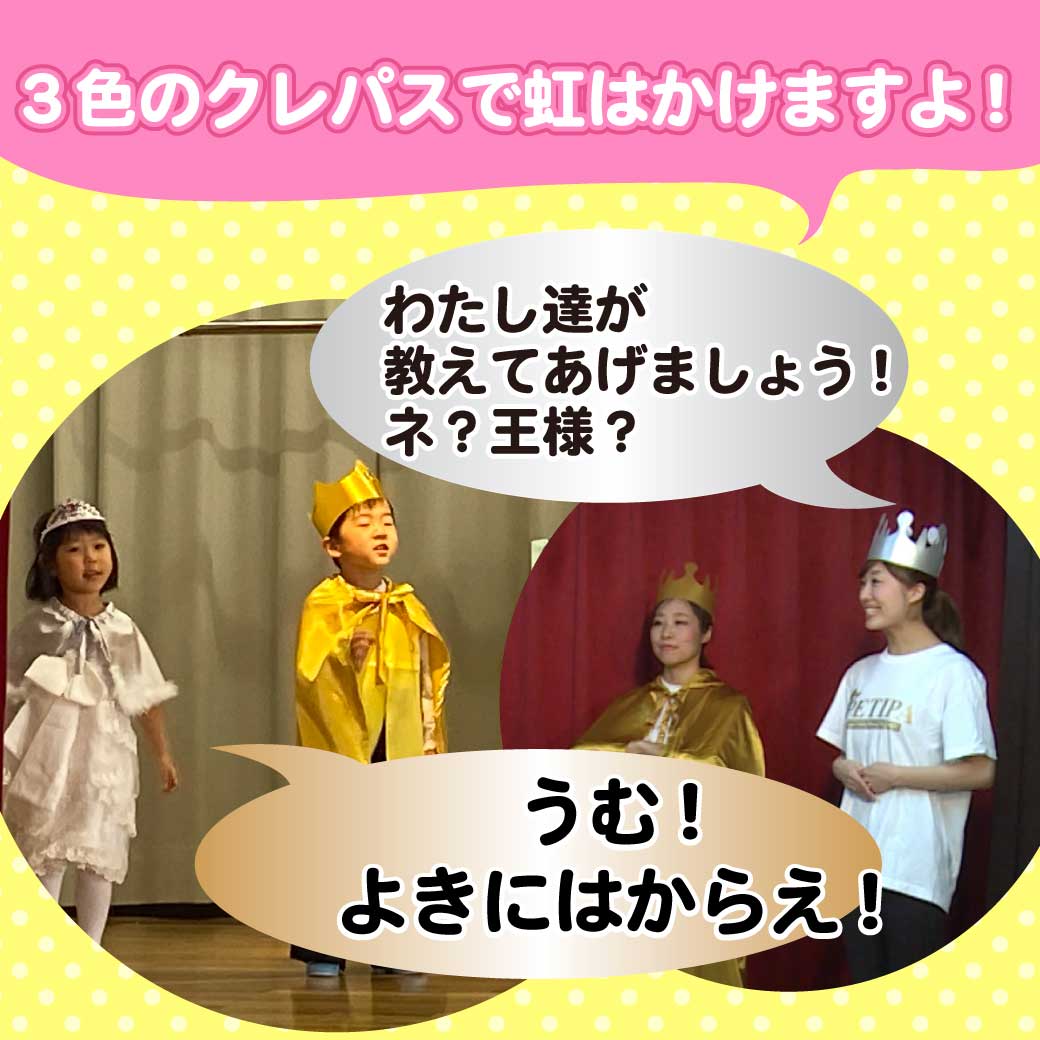 王様・女王様に扮したこども達と模範演技の王様・女王様の画像