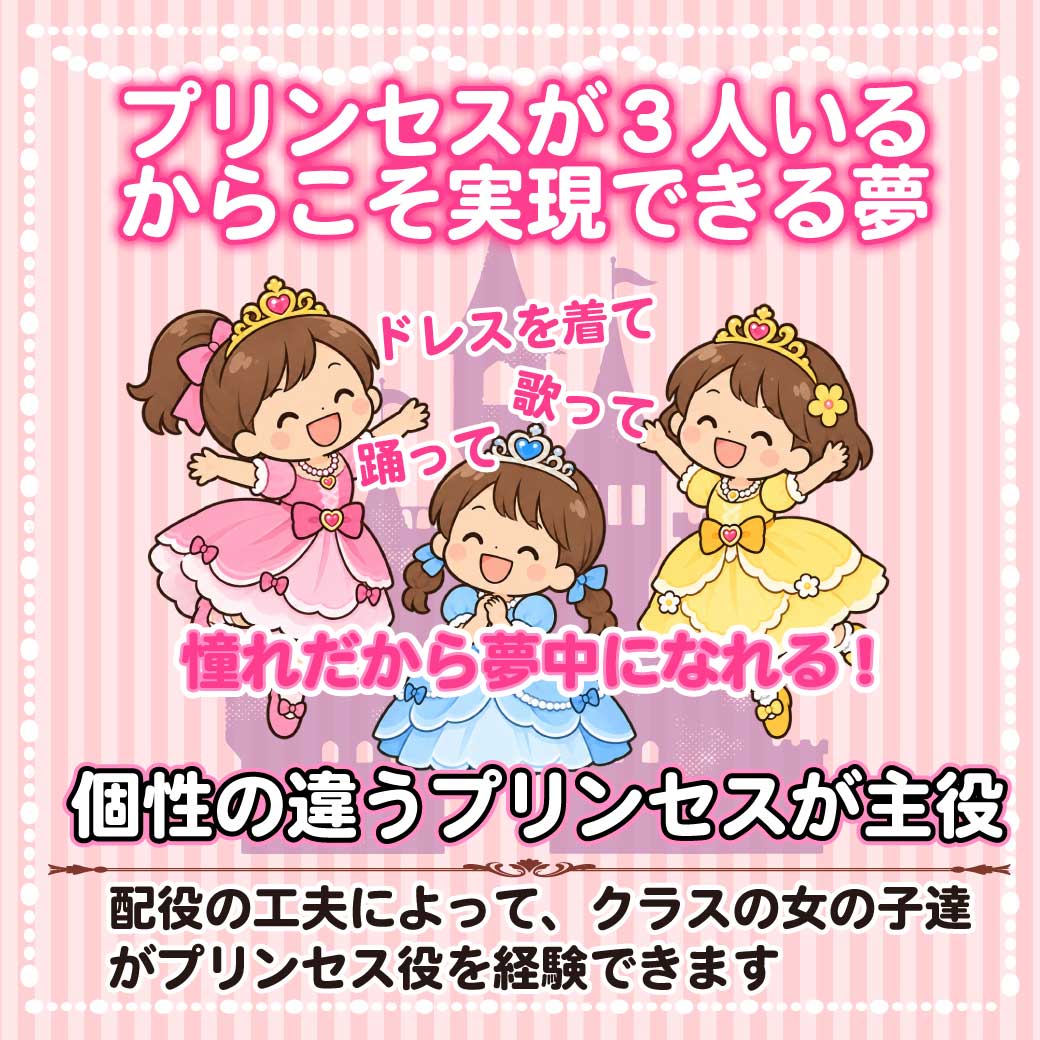 ３人のプリンセスが楽しく歌ったり踊ったりしているイラスト