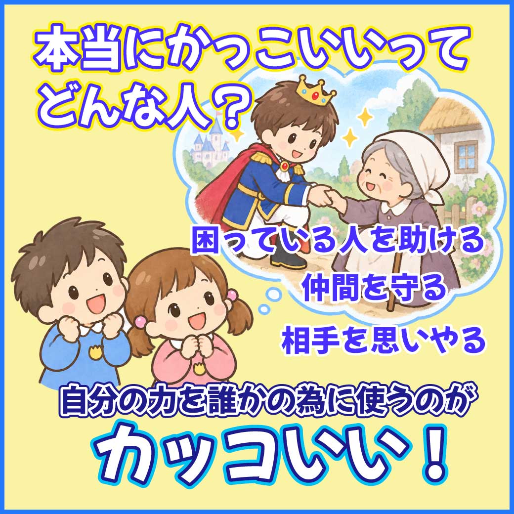 年長の男の子と女の子が、相手を思いやることこそがかっこいい！と思っているイラスト